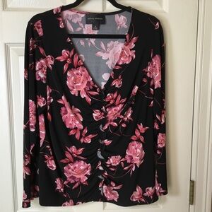 Donna Morgan Black & Pink Floral Ruched Top - 1X